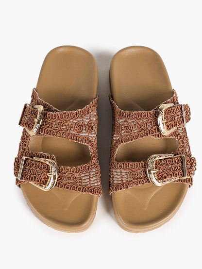 Tan Woven Double-Strap Platform Slides for Boho Summer Style