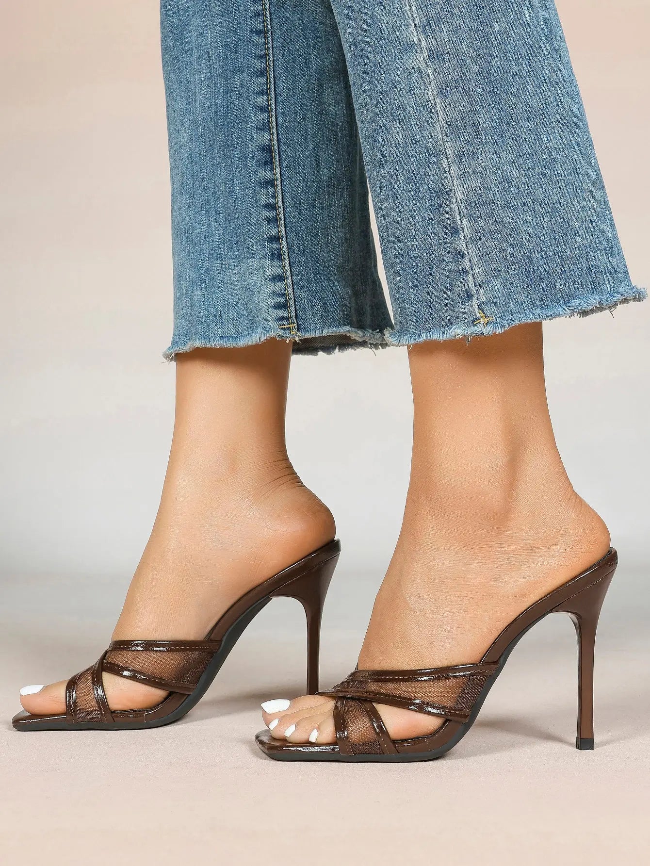 Women's Square Toe Cross Strap High Heel Sandals 3.74 Inch Sexy Stiletto Heels with Soft Insole Comfortable Mesh YISHIFAN