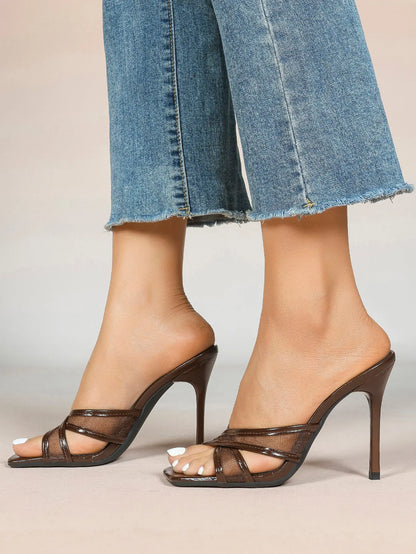 Women's Square Toe Cross Strap High Heel Sandals 3.74 Inch Sexy Stiletto Heels with Soft Insole Comfortable Mesh YISHIFAN