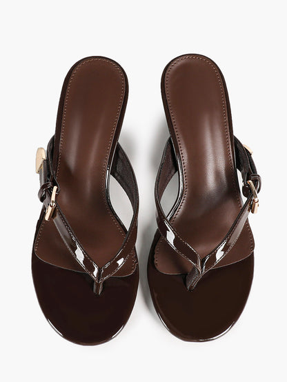 Brown Patent Toe Post Stilettos Statement Metal Buckle Backless Mules Party Club Shoes