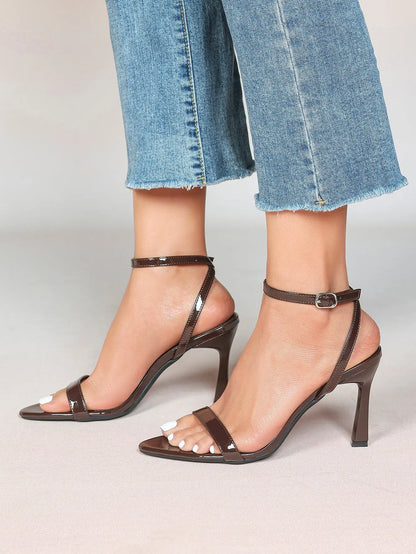 Women Leather High-Heel Sandals Pointed Toe Open Back Stiletto Heels Office Dress Shoes YISHIFAN