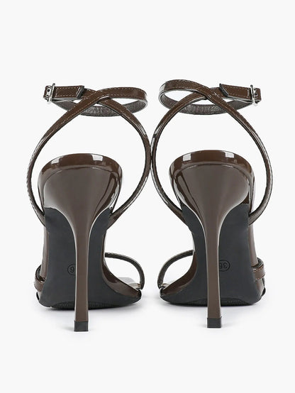 Women's Leather Adjustable Ankle Strap Stiletto Heels High Heels 4.13 Inch Heel Open Square Toe Sandals YISHIFAN
