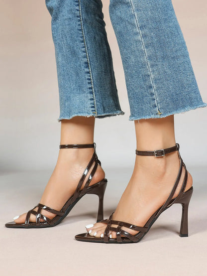 Leather Stiletto Heels for Women Open Pointed Toe Cross Ankle Strap Sandals for Wedding Party YISHIFAN