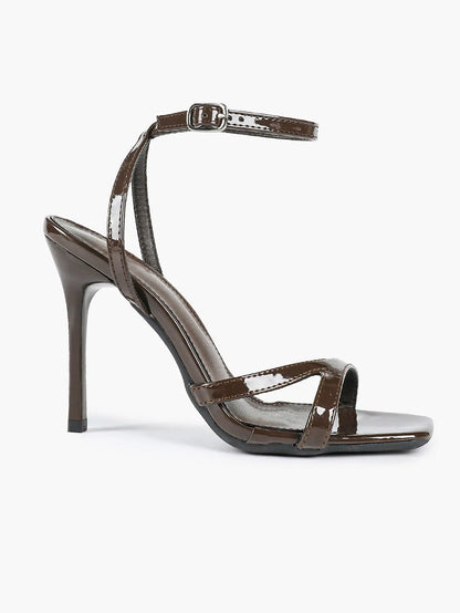 Women's Leather Adjustable Ankle Strap Stiletto Heels High Heels 4.13 Inch Heel Open Square Toe Sandals YISHIFAN
