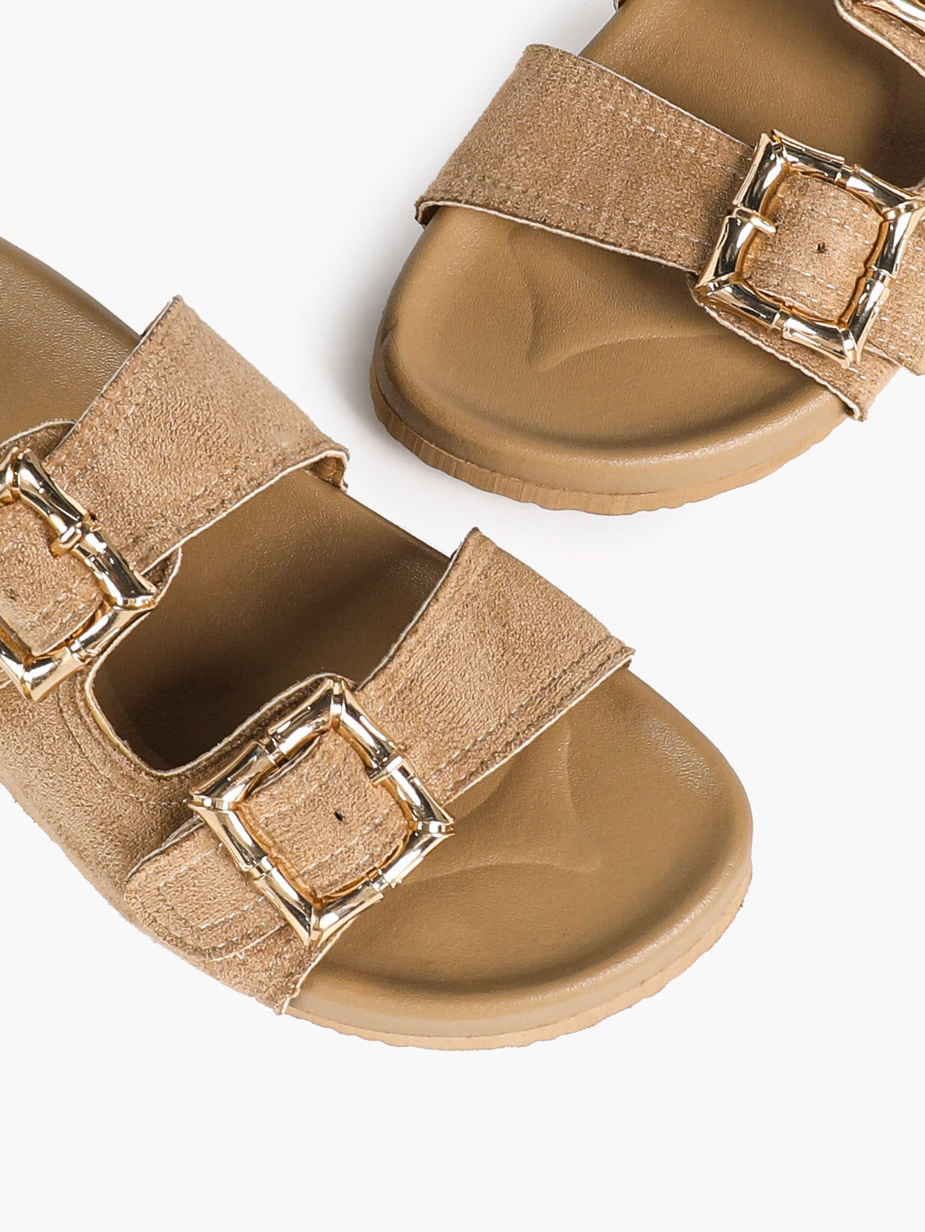 Taupe Suede Two-Strap Comfort Sandals with Gold Buckles
