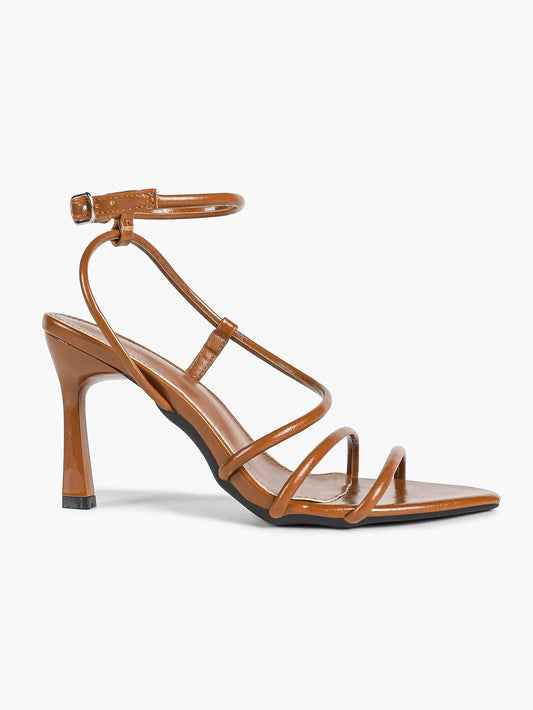Cognac Multi-Strap Square Toe Stiletto Sandals – Women’s Tubular Toe Strap Ankle Strap Heels YISHIFAN