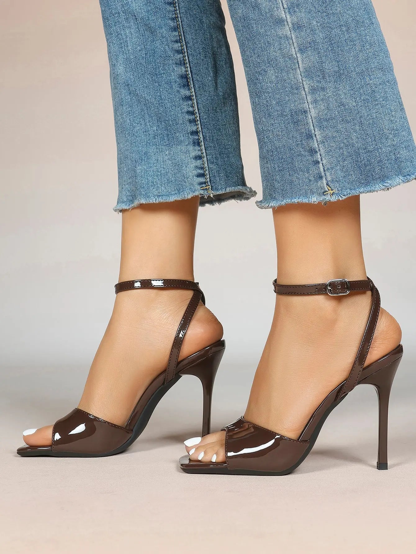 Women's Stiletto Heels 4.13 Inch Square Toe Ankle Strap Sandals Wedding Party Office Dress Shoes YISHIFAN