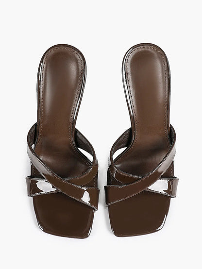 Women's Leather Mule Sandals Block Heel Cross Strap Slip with 3.74 Inch Heel For Daily Casual Office Dress Shoes YISHIFAN