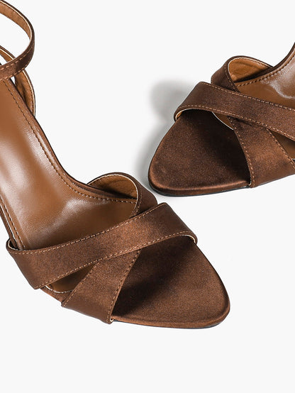 Bronze Metallic Satin Crisscross Strap Sandals Pointed Open Toe Ankle Buckle Heels Elegant Evening Shoes
