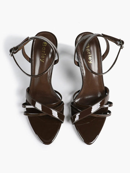 Brown Leather High-Heel Sandals  Cross Strap Stiletto Heels Wedding Party Dress Shoes YISHIFAN