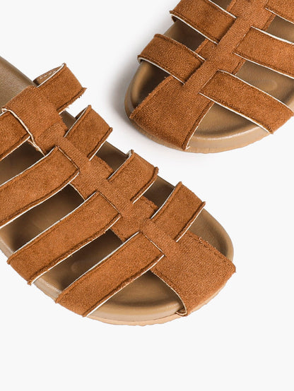 Camel Suede Woven Cage Slides with Silver-Tone Buckle Detail