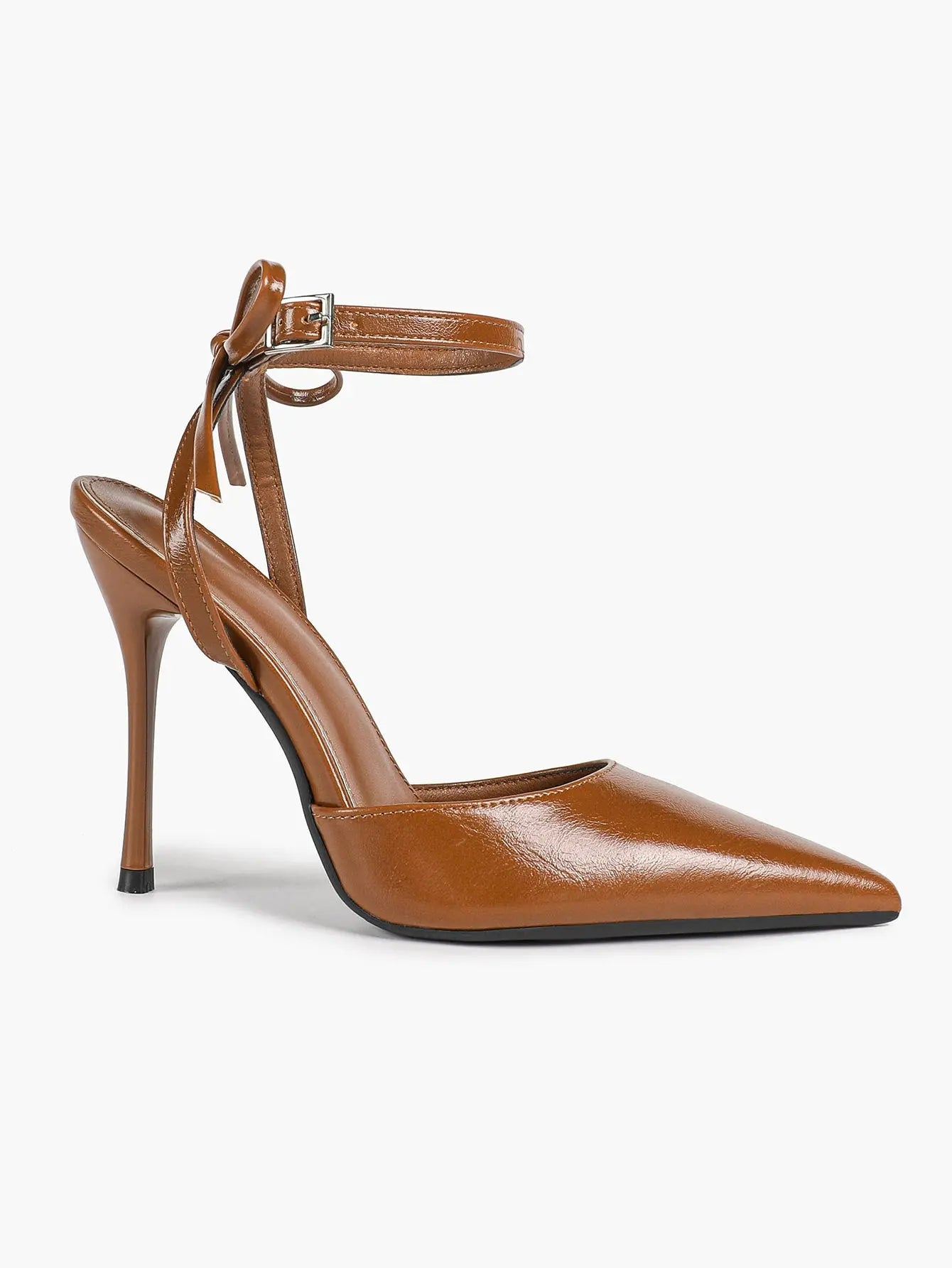 Black Patent D’Orsay Bow Ankle Strap Stiletto Heels – Women’s Pointed Toe High Heels YISHIFAN