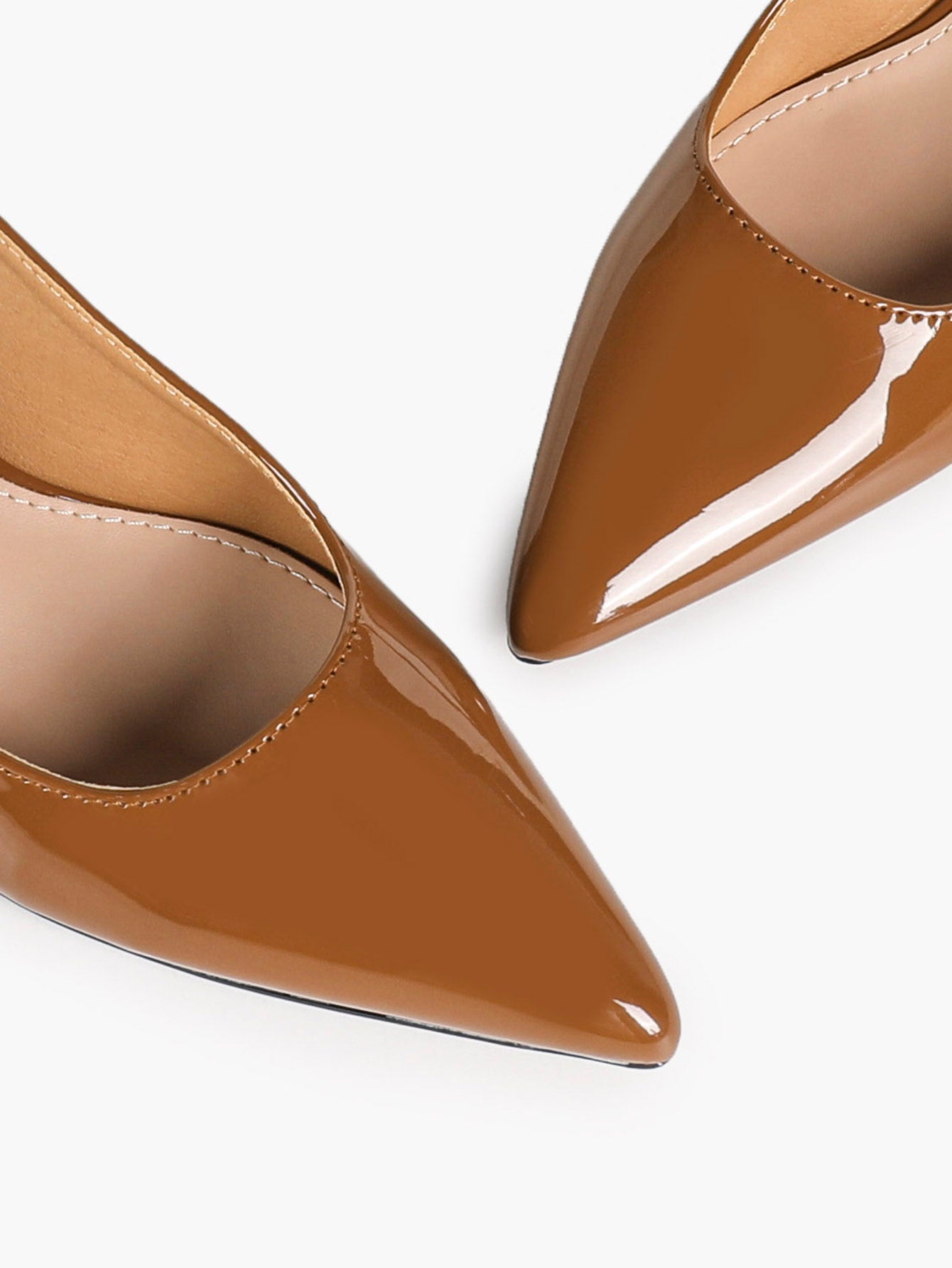 Caramel Patent Pointed-Toe Slingback Pumps with Split-Strap Detail and Block Heel