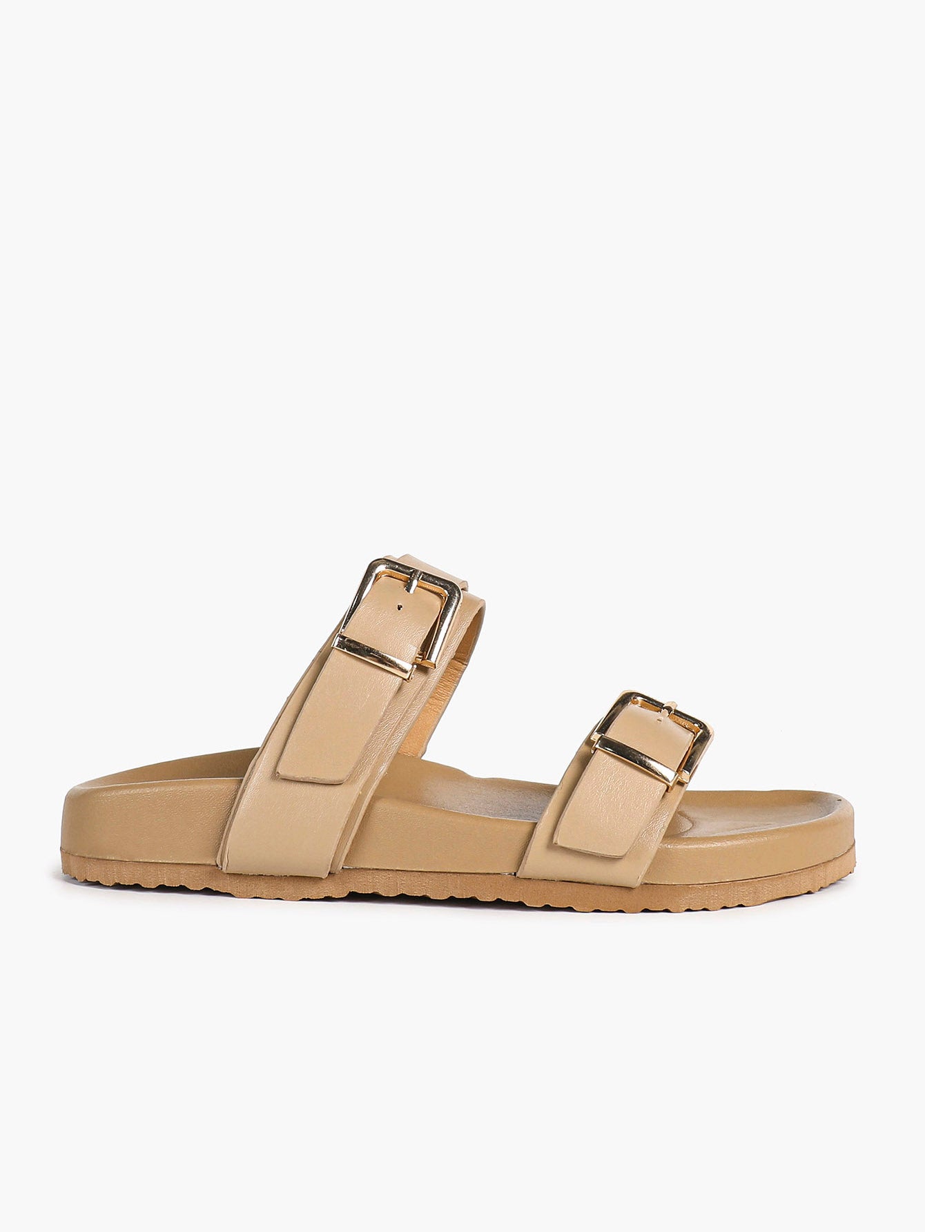 White Double-Buckle Platform Slide Sandals with Gold-Tone Hardware