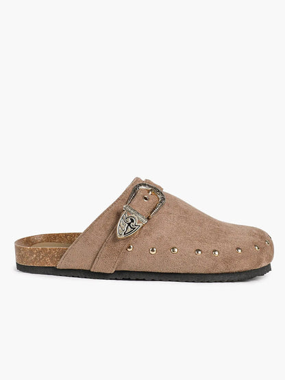 Mocha Suede All-Over Stud Western Engraved Buckle Boston Clogs – Women's Platform Closed Toe Mule YISHIFAN