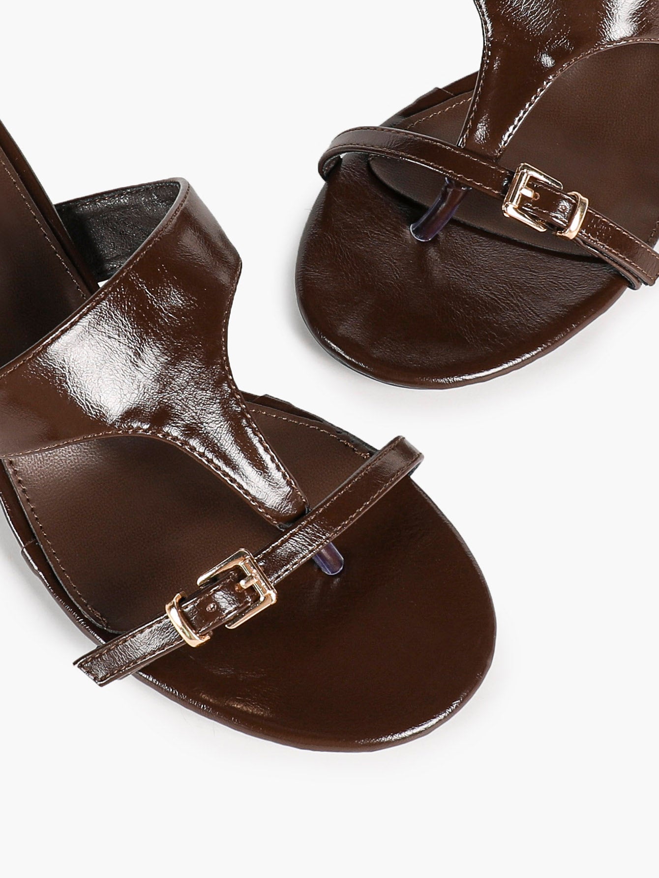 Brown Patent T-Strap Mules Adjustable Front Buckle Flared Kitten Heels Slip-On Office Shoes