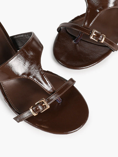 Brown Patent T-Strap Mules Adjustable Front Buckle Flared Kitten Heels Slip-On Office Shoes