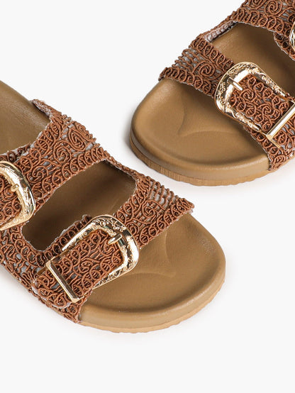 Tan Woven Double-Strap Platform Slides for Boho Summer Style