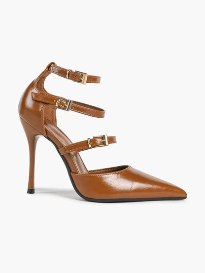 Cream Triple Ankle Strap Stiletto Pumps – Women’s Pointed Toe Cage Heel High Heels YISHIFAN