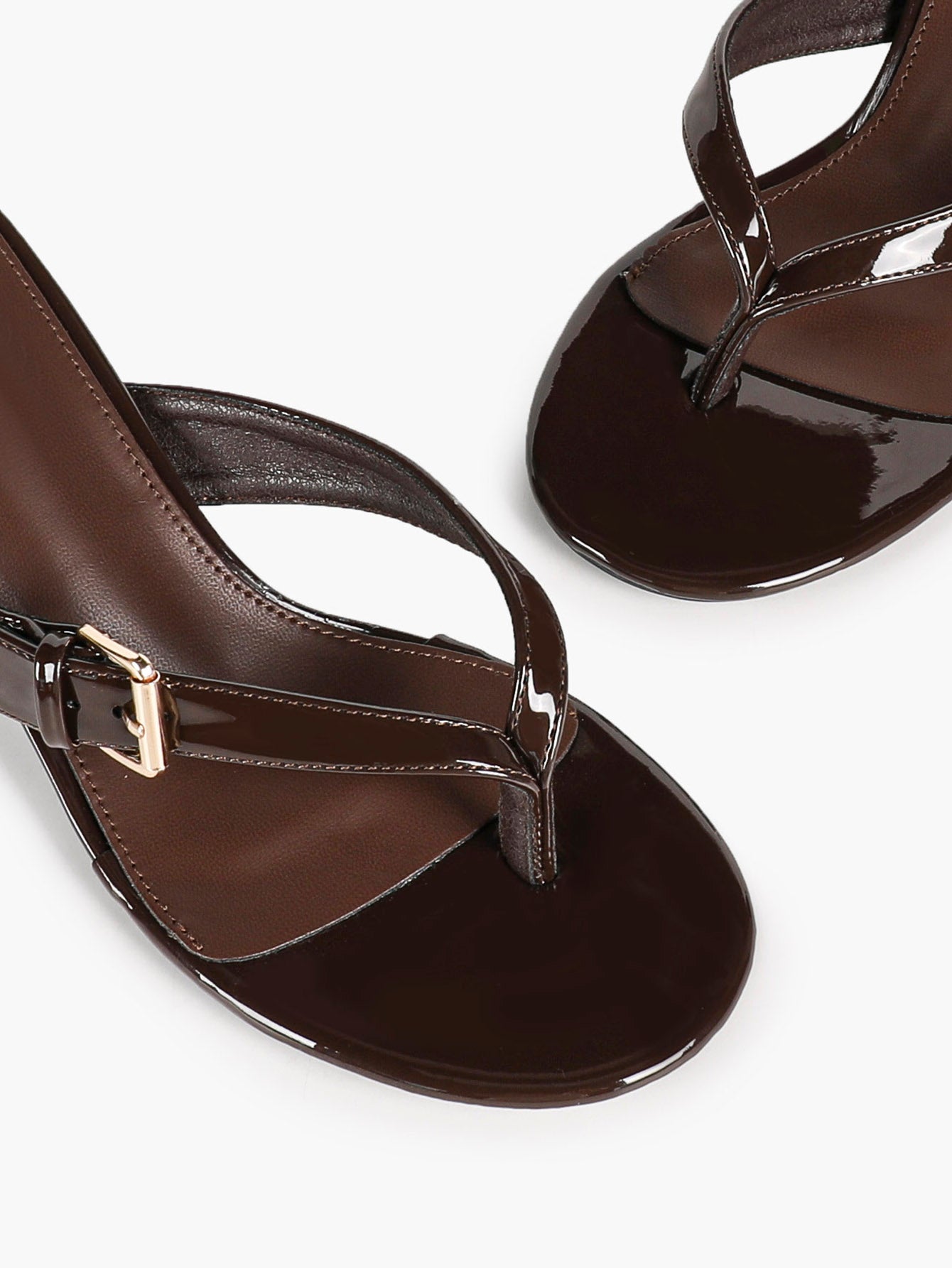 Brown Patent Toe Post Stilettos Statement Metal Buckle Backless Mules Party Club Shoes
