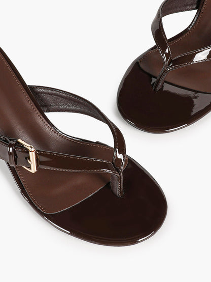 Brown Patent Toe Post Stilettos Statement Metal Buckle Backless Mules Party Club Shoes