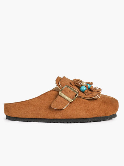 Dark Green Suede Tassel & Turquoise Bead Buckle Boston Clogs – Women's Boho Closed Toe Mule YISHIFAN