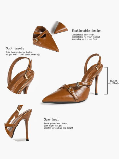 Slingback Pumps for Women Pointed Toe Cross Strap Stiletto Heels Buckle Dress Shoes Party Wedding YISHIFAN