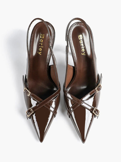 Women's Wine Red Patent Leather High-Heel Pointed Toe Ankle Strap Stiletto Heels Wedding Party Dress Shoes YISHIFAN