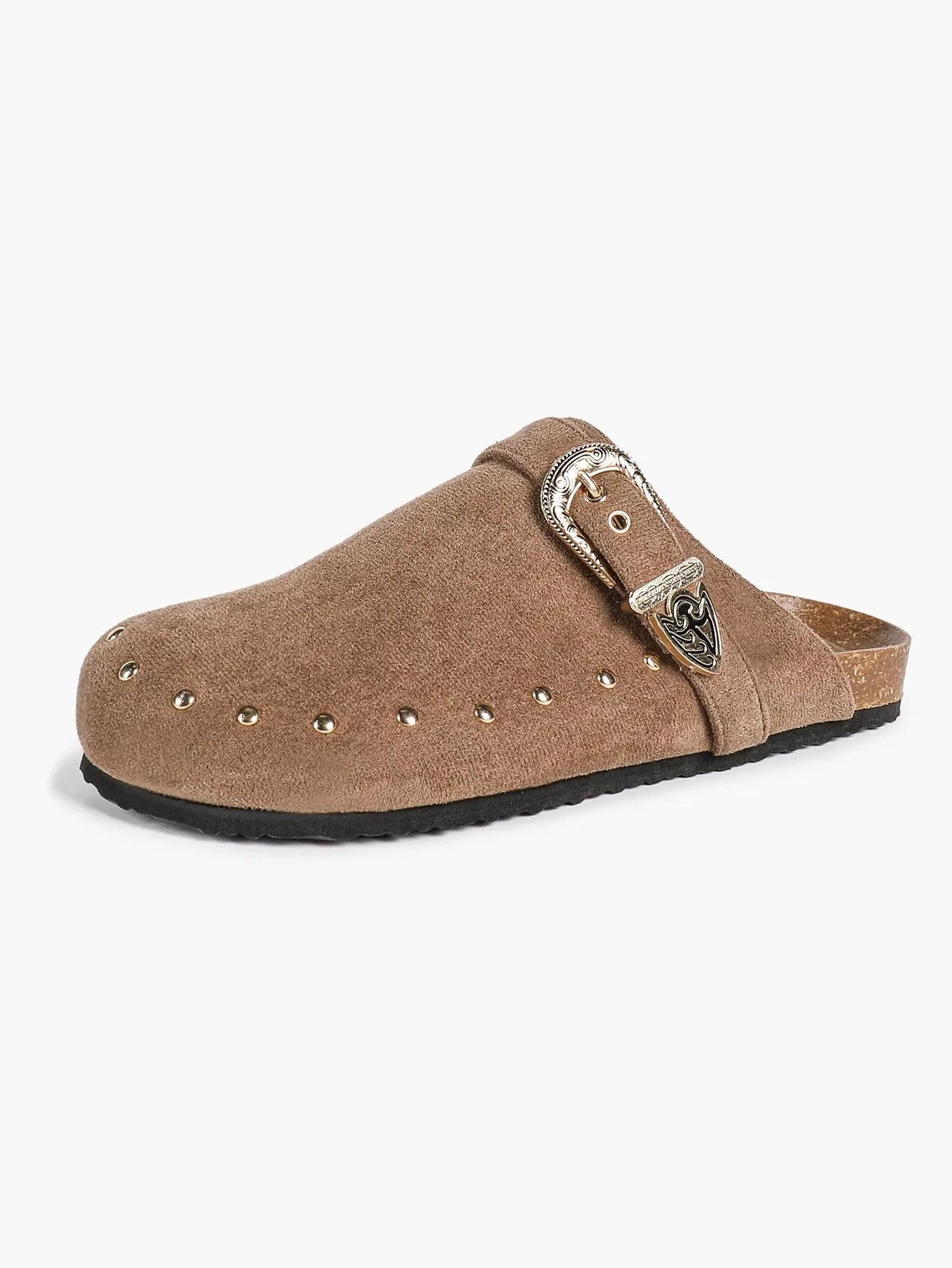 Mocha Suede All-Over Stud Western Engraved Buckle Boston Clogs – Women's Platform Closed Toe Mule YISHIFAN