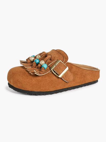 Dark Green Suede Tassel & Turquoise Bead Buckle Boston Clogs – Women's Boho Closed Toe Mule YISHIFAN