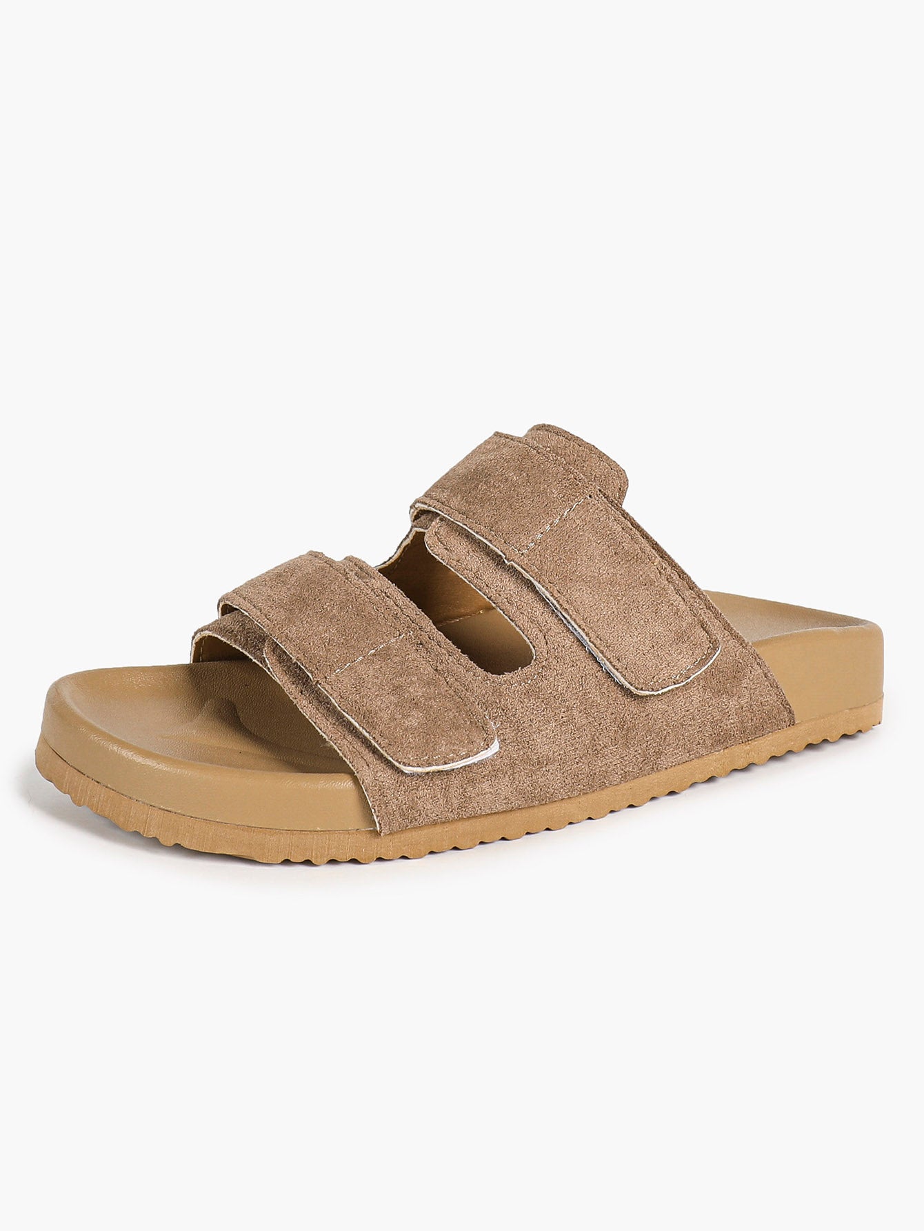 Black Suede-Effect Double-Strap Velcro Slide Sandals with Cushioned Sole