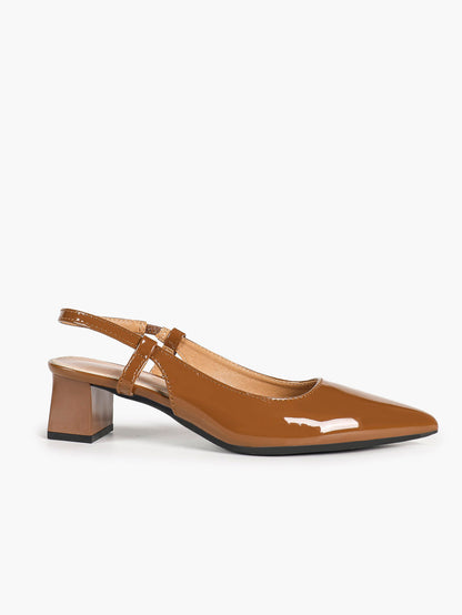 Caramel Patent Pointed-Toe Slingback Pumps with Split-Strap Detail and Block Heel