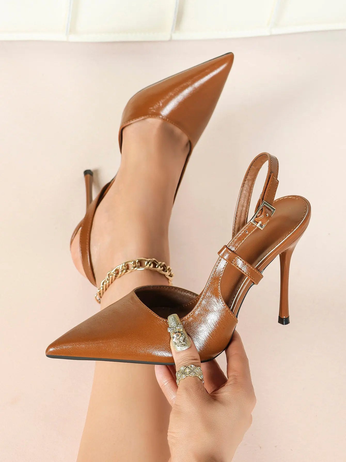 Women Closed Toe Slingback Heels Strappy Pointed Toe Stiletto Heels Wedding Party Dress Shoes YISHIFAN