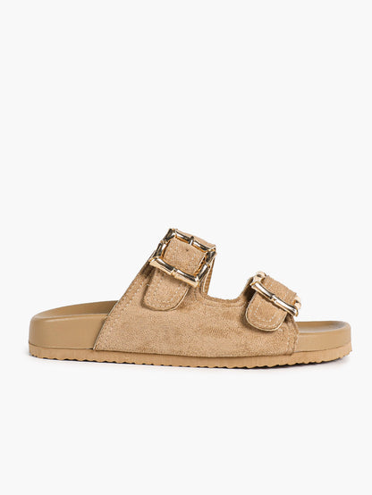 Taupe Suede Two-Strap Comfort Sandals with Gold Buckles