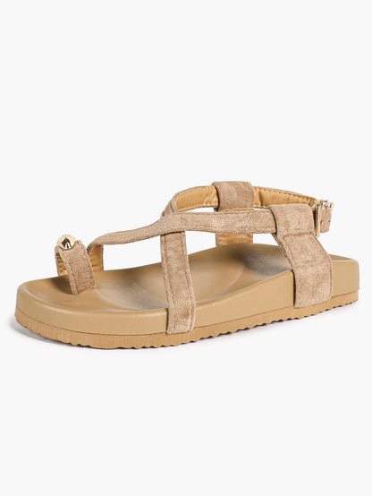 Olive Green Suede Criss-Cross Strap Sandals with Gold-Tone Oval Detail and Platform Sole