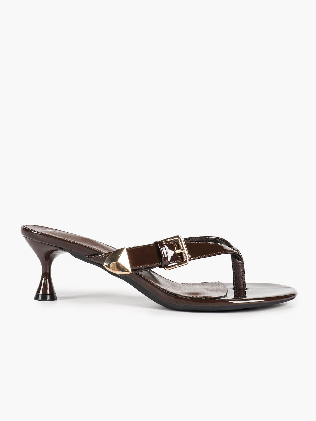Brown Patent Toe Post Stilettos Statement Metal Buckle Backless Mules Party Club Shoes