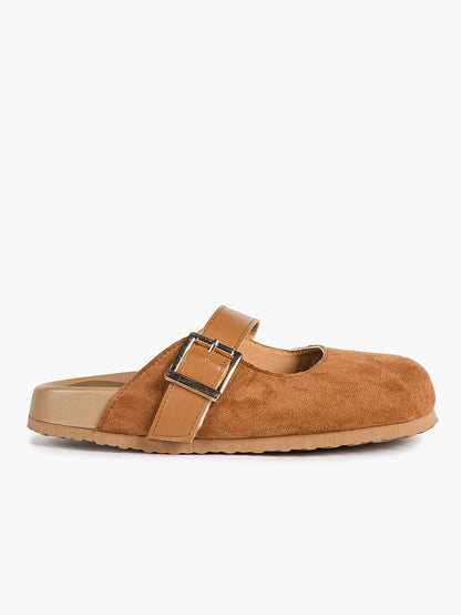 Black Suede Buckled Strap Slip-On Mules with Gold-Tone Hardware