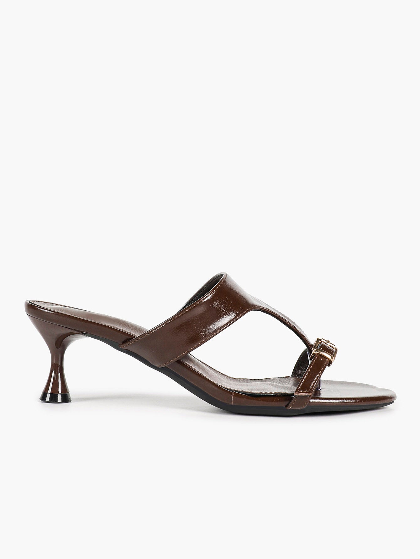 Brown Patent T-Strap Mules Adjustable Front Buckle Flared Kitten Heels Slip-On Office Shoes