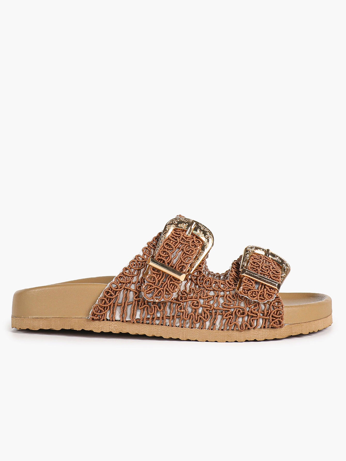 Tan Woven Double-Strap Platform Slides for Boho Summer Style