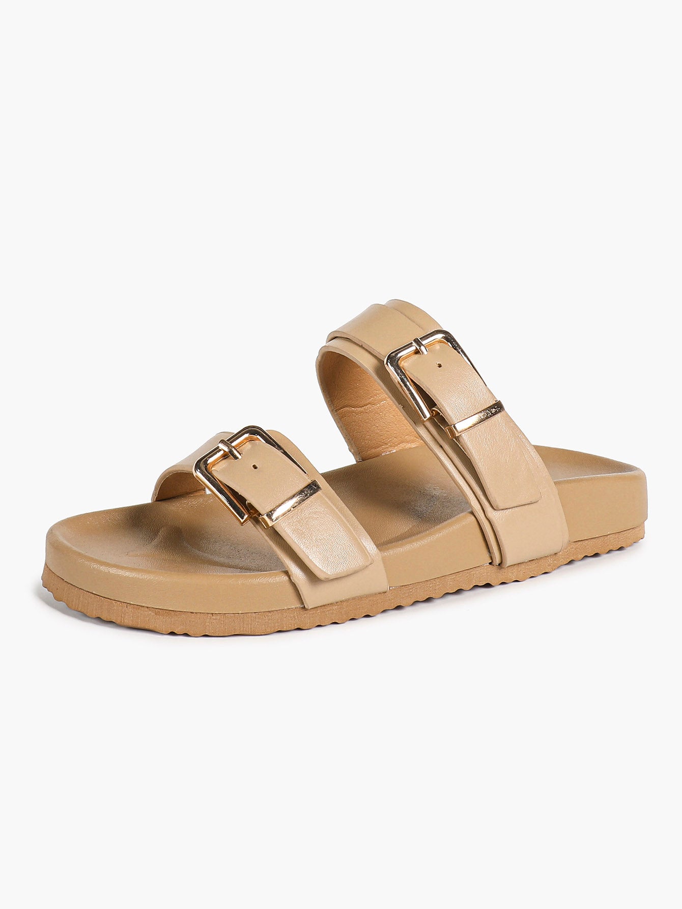 White Double-Buckle Platform Slide Sandals with Gold-Tone Hardware