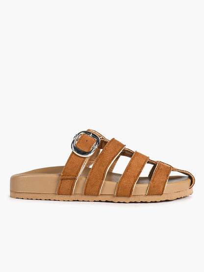 Camel Suede Woven Cage Slides with Silver-Tone Buckle Detail