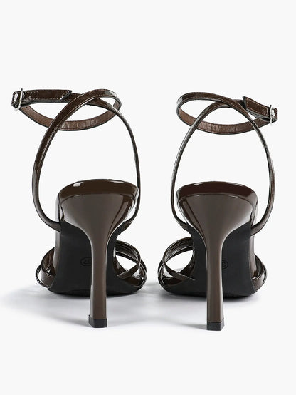 Brown Leather High-Heel Sandals  Cross Strap Stiletto Heels Wedding Party Dress Shoes YISHIFAN