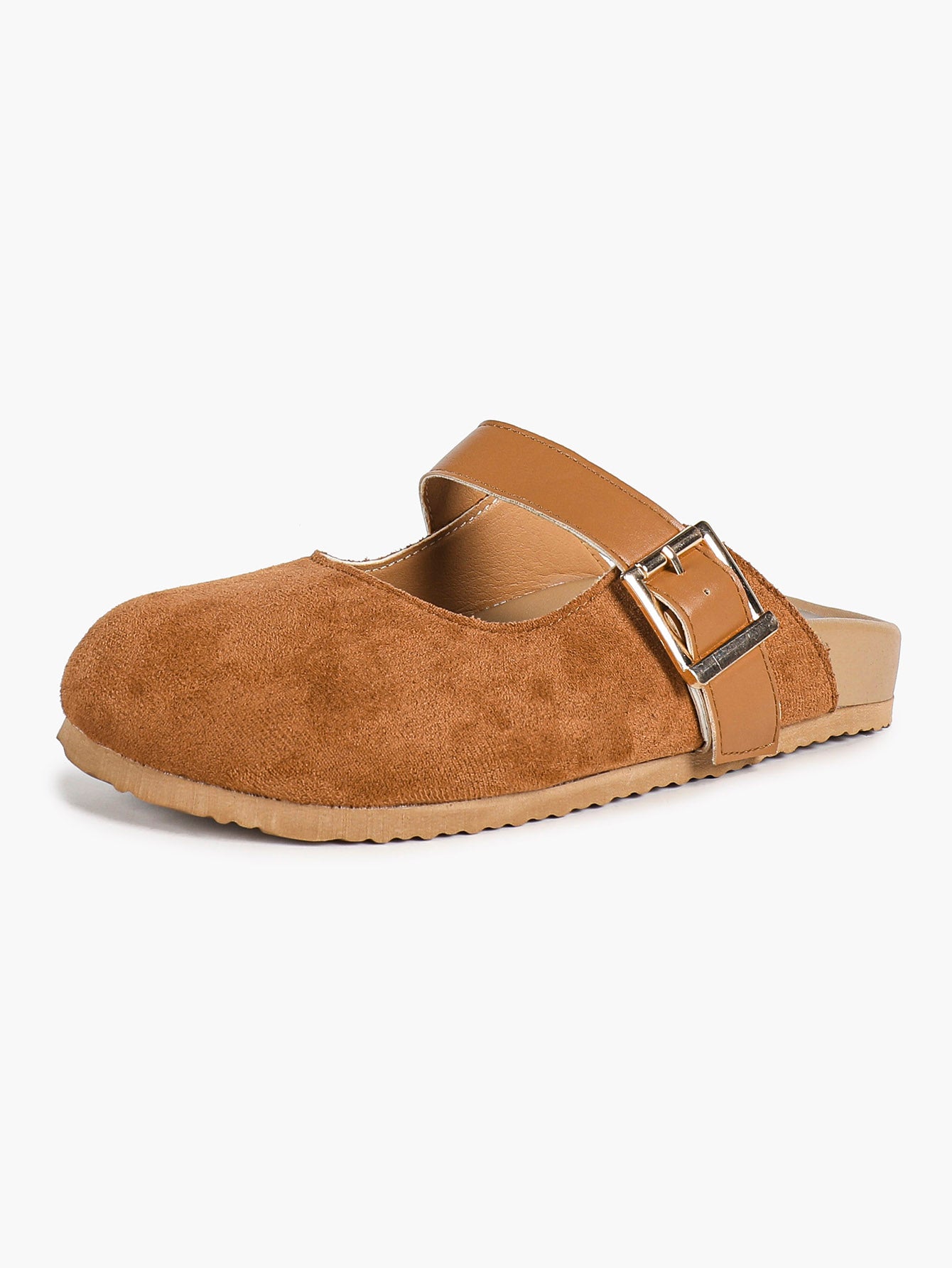 Black Suede Buckled Strap Slip-On Mules with Gold-Tone Hardware