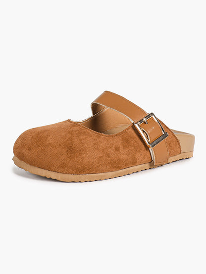 Black Suede Buckled Strap Slip-On Mules with Gold-Tone Hardware