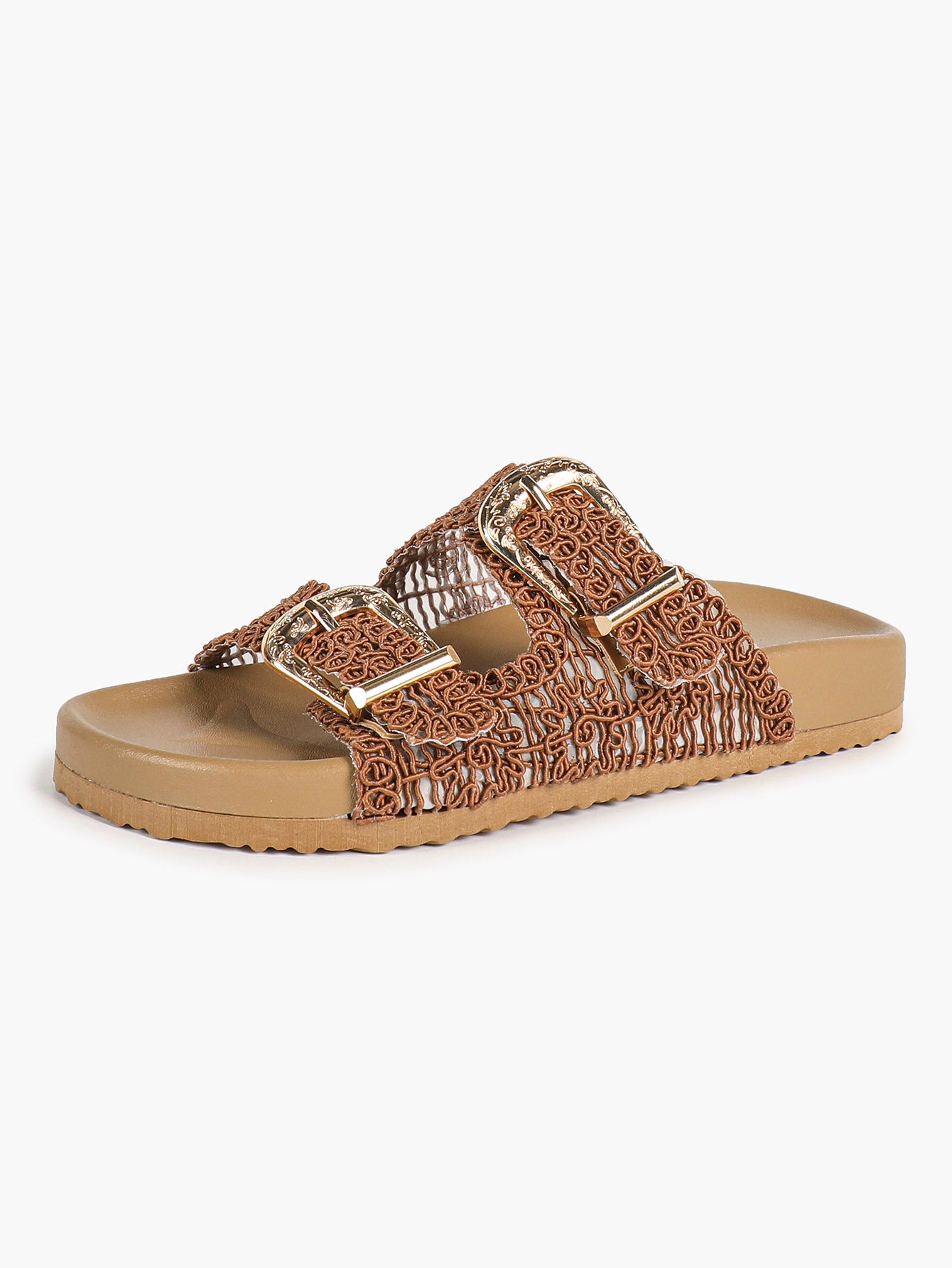 Tan Woven Double-Strap Platform Slides for Boho Summer Style