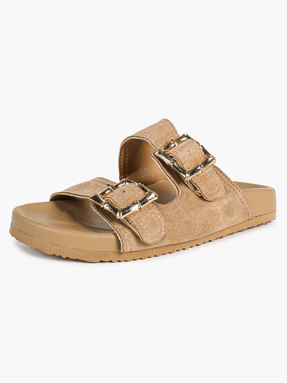 Taupe Suede Two-Strap Comfort Sandals with Gold Buckles