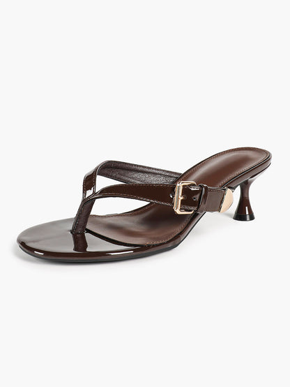 Brown Patent Toe Post Stilettos Statement Metal Buckle Backless Mules Party Club Shoes