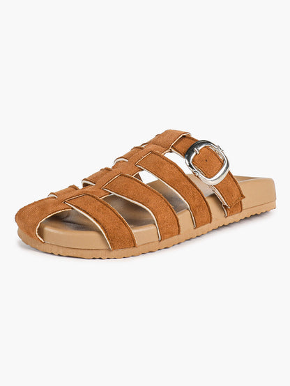 Camel Suede Woven Cage Slides with Silver-Tone Buckle Detail