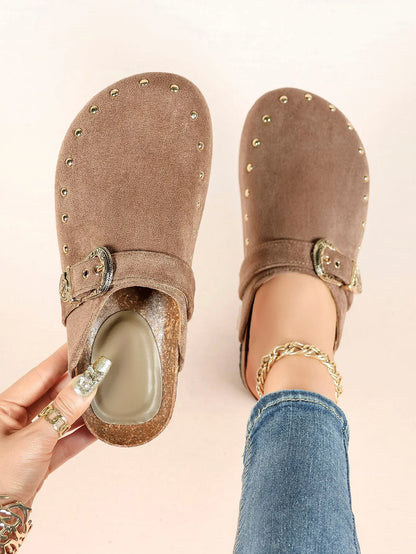 Mocha Suede All-Over Stud Western Engraved Buckle Boston Clogs – Women's Platform Closed Toe Mule YISHIFAN