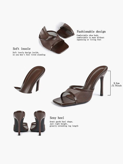 Women's Kitten Heels with Open Toe Square  Stiletto Sandals Slip On Mesh Mule Heels for Wedding Party YISHIFAN